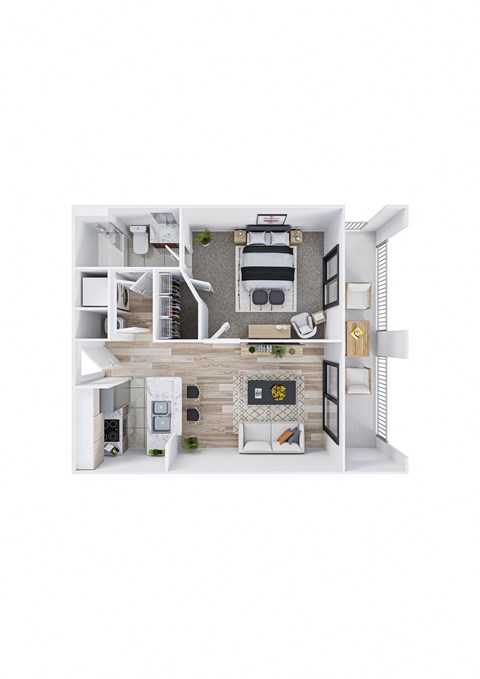 Floor plan for 1 bed, 1 bath, 629 sqft